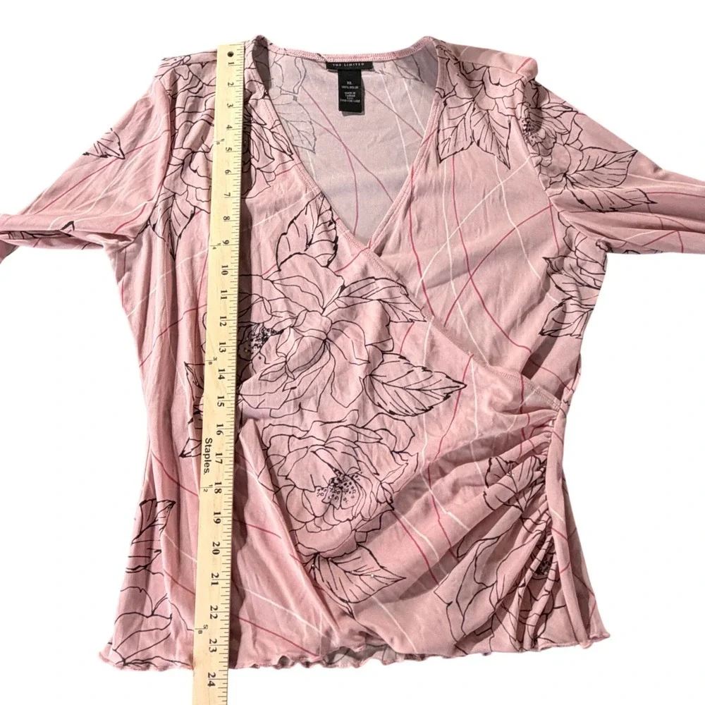 Vintage Y2K The Limited Blouse XL Faux Wrap Sheer Floral Rhinestone Lettuce Hem - Picture 9 of 9